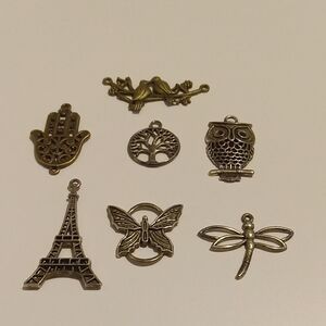 Bronze/SilverTone Charm Set Hand, Tree, Owl, Eiffel Tower, Butterfly, Dragonfly